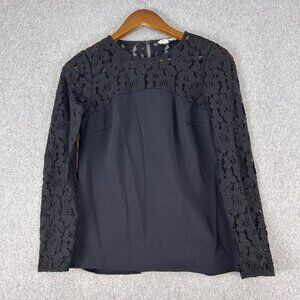 Boden Blouse Women's US 4 Black Lace Top Long Sleeve Keyhole Back Casual Modest